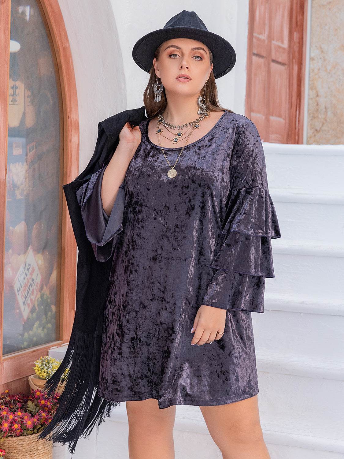 Plus Size Round Neck Flounce Sleeve Mini Dress - Hovatok