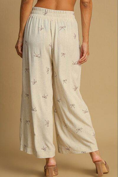 Umgee Full Size Lace Drawstring Embroidered Bow Wide Leg Pants Plus Size - Hovatok