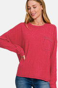 Zenana Full Size Contrast Stitching Brushed Ribbed Hacci Knit Top - Hovatok