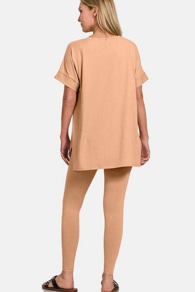 Zenana Full Size V-Neck Rolled Short Sleeve T-Shirt and Leggings Lounge Set - Hovatok