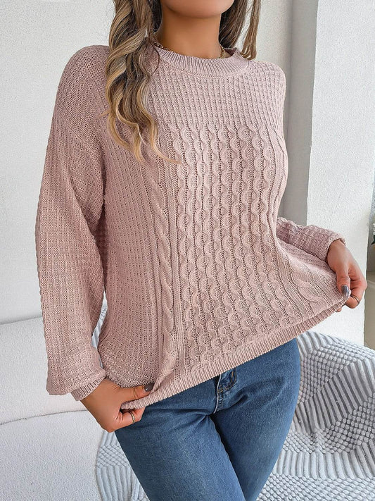 Cable-Knit Round Neck Long Sleeve Sweater - Hovatok
