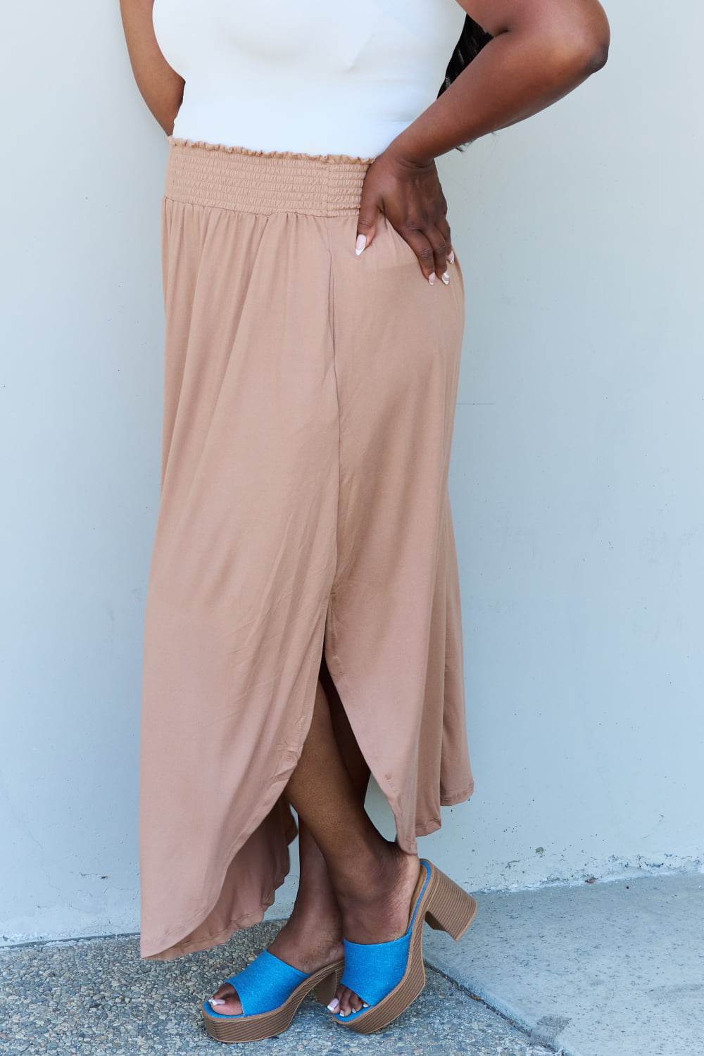 Doublju Comfort Princess Full Size High Waist Scoop Hem Maxi Skirt in Tan - Hovatok