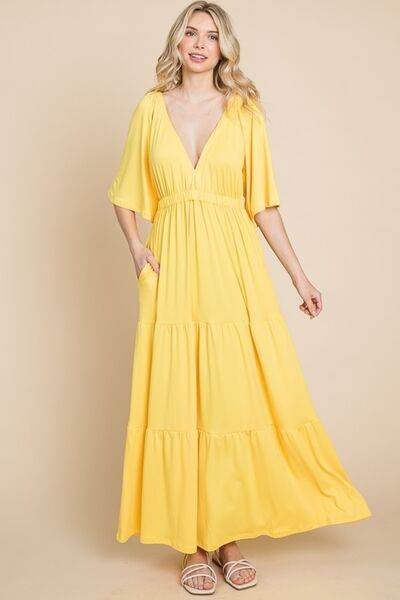 Culture Code Backless Plunge Half Sleeve Tiered Dress - Hovatok