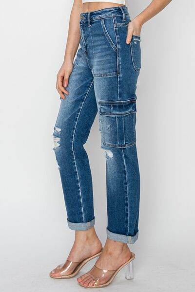 RISEN Full Size High Rise Cargo Ankle Roll Up Straight Jeans - Hovatok