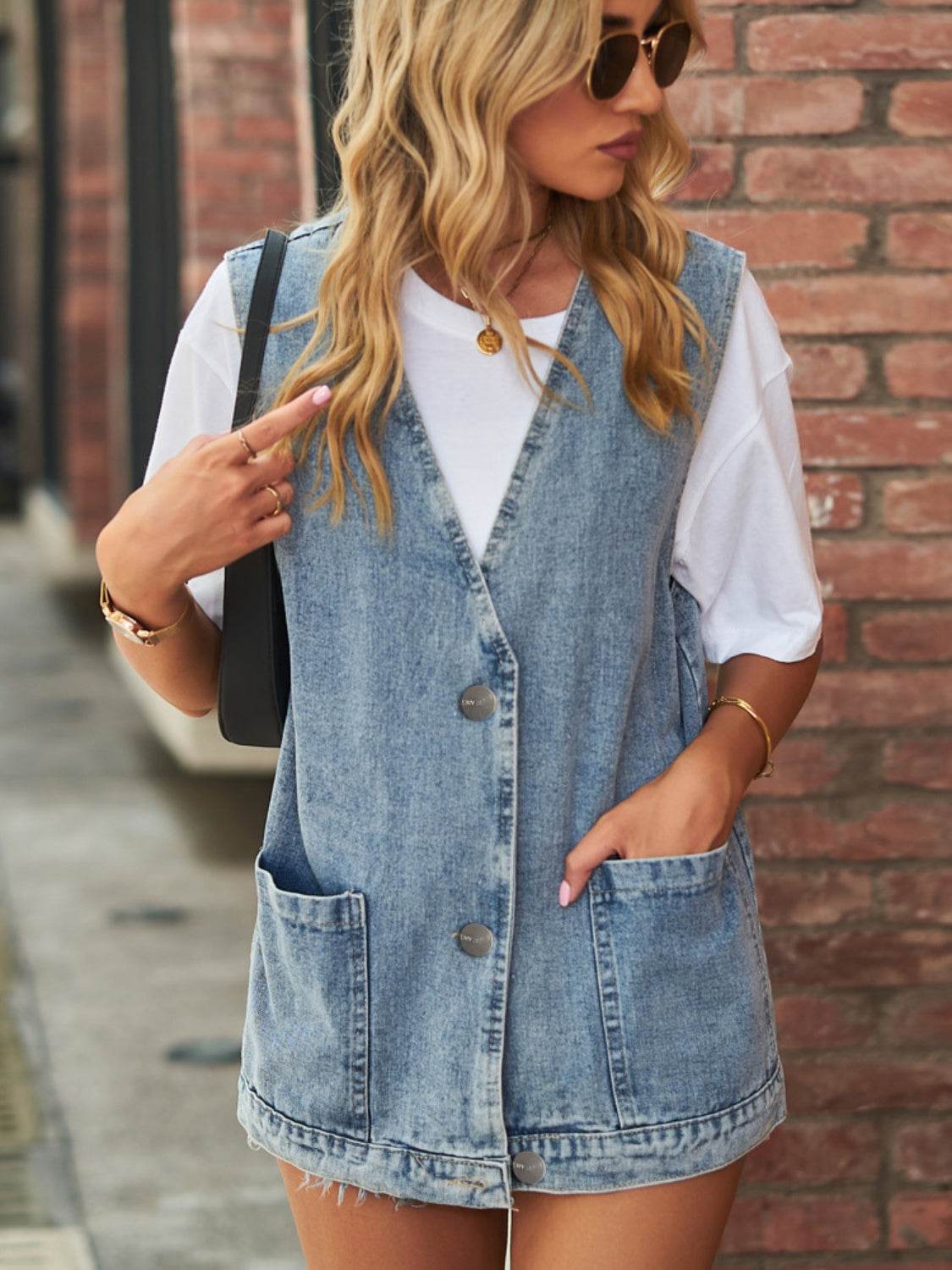 Full Size V-Neck Button Up Denim Vest - Hovatok