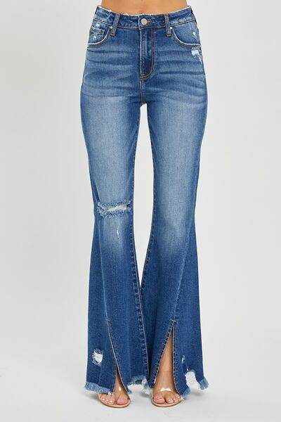 RISEN Full Size High Rise Front Slit Frayed Hem Flare Jeans - Hovatok