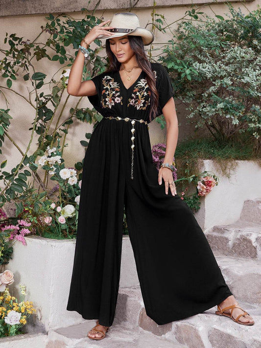 Embroidered Ruched Short Sleeve Jumpsuit - Hovatok
