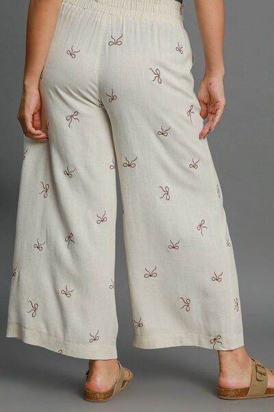 Umgee Full Size Lace Drawstring Embroidered Bow Wide Leg Pants Plus Size - Hovatok