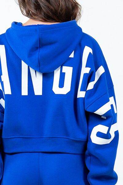 American Bazi Letter Graphic Long Sleeve Drawstring Cropped Hoodie - Hovatok