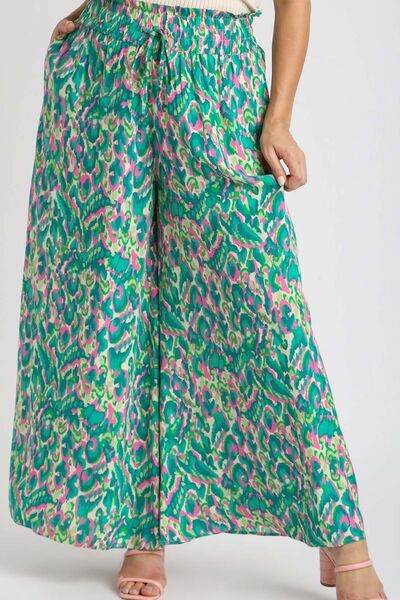 Umgee Full Size Mixed Print High Waist Wide Leg Pants Plus Size - Hovatok