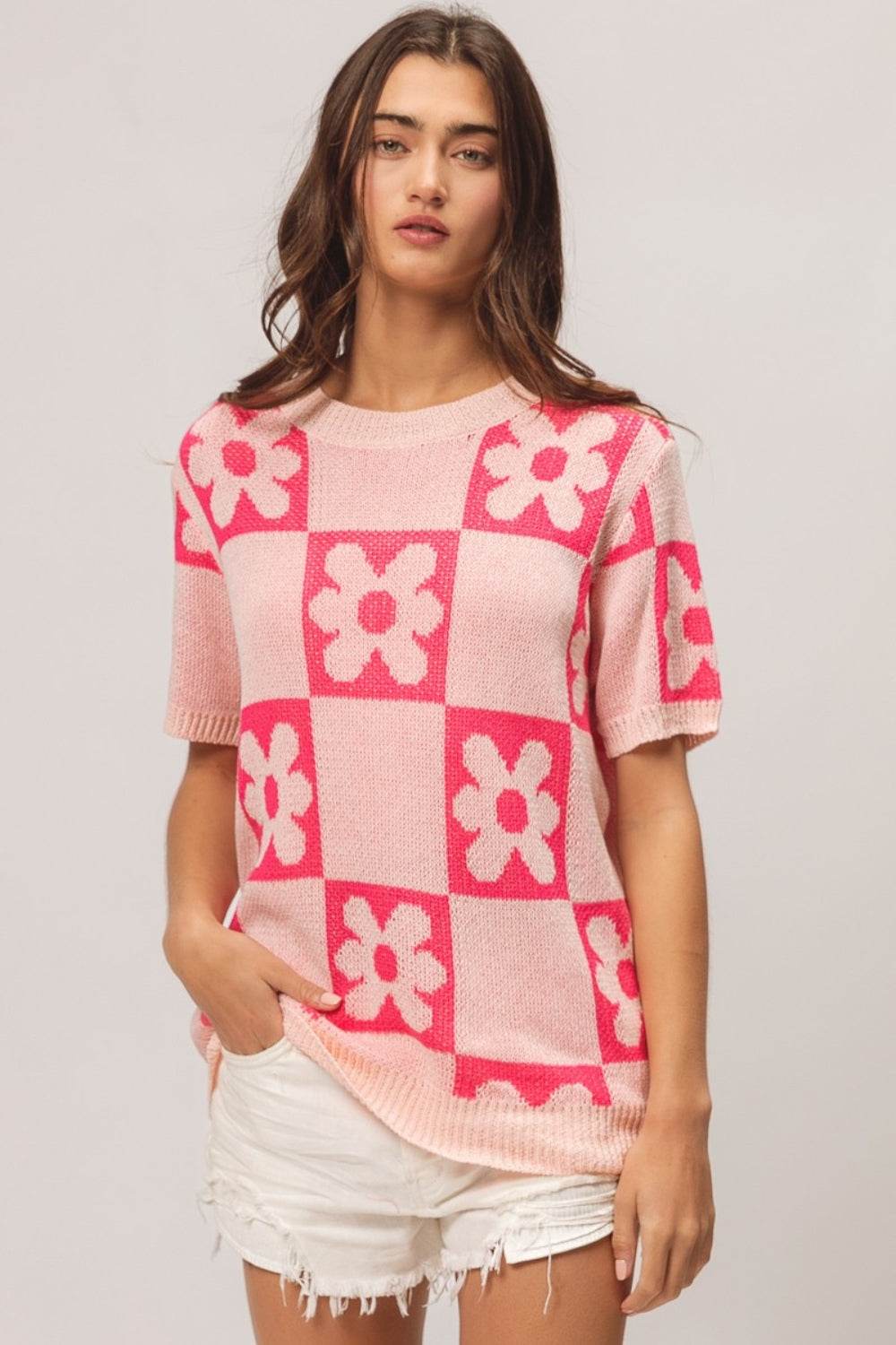 BiBi Flower Checker Pattern Short Sleeve Sweater - Hovatok