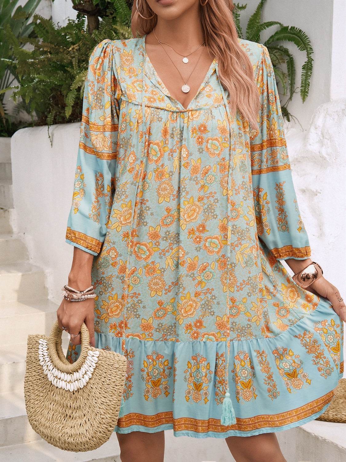 Devine Tassel Floral Tie Neck Mini Dress - Hovatok