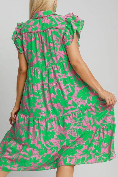 Umgee Full Size Floral Collared Ruffle Cap Sleeve Midi Dress Plus Size - Hovatok