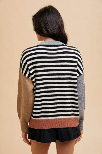 Annie Wear Striped Color Block Round Neck Sweater - Hovatok
