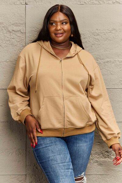 Full Size Zip Up Long Sleeve Hooded Jacket - Hovatok