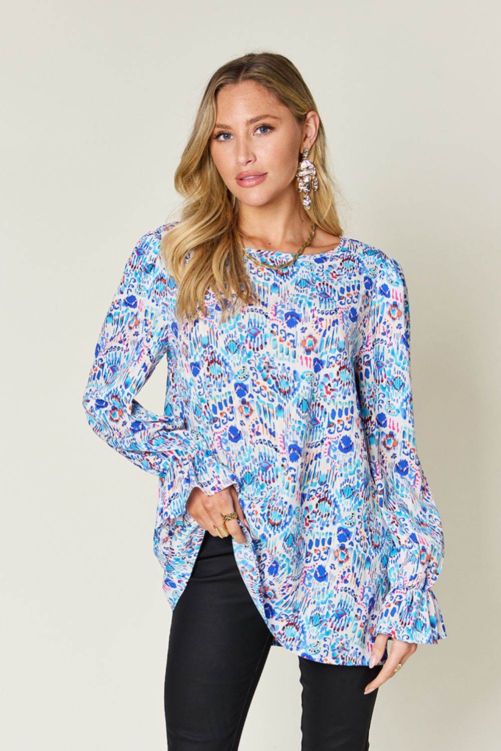 Double Take Full Size Printed Flounce Sleeve Blouse - Hovatok