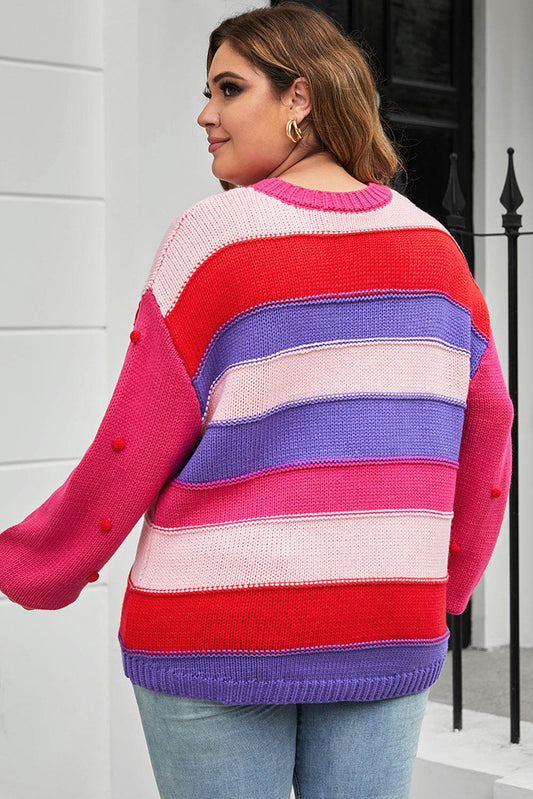 Plus Size Color Block Pom-Pom Trim Sweater - Hovatok