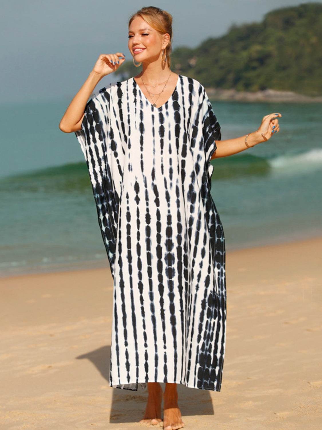 Tie-Dye V-Neck Half Sleeve Cover-Up - Hovatok