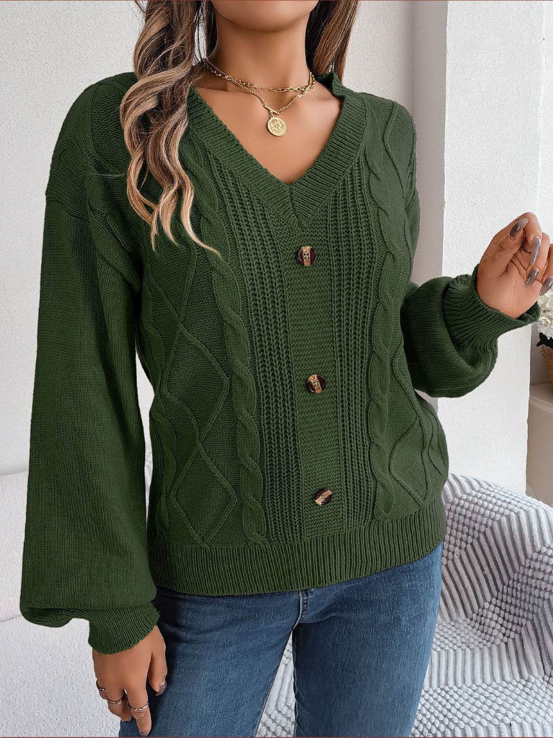 Cable-Knit Buttoned V-Neck Sweater - Hovatok