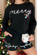 MERRY Sequin Round Neck Long Sleeve Top and Shorts Set - Hovatok