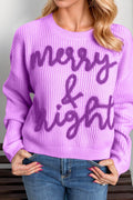 Double Take Full Size MERRY & BRIGHT Christmas Dropped Shoulder Cropped Sweater - Hovatok