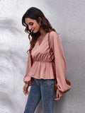 V-Neck Balloon Sleeve Peplum Blouse - Hovatok