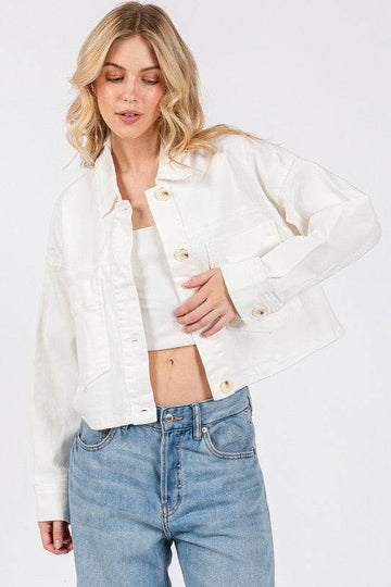 bytos Button Down Cropped Denim Jacket with Patch Pockets - Hovatok