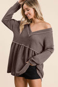 BiBi Waffle Knit V-Neck Babydoll Blouse - Hovatok