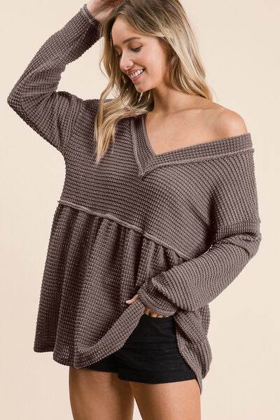 BiBi Waffle Knit V-Neck Babydoll Blouse - Hovatok