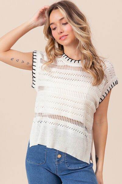 BiBi Stitch Edge Pointelle Side Slit Sweater Vest - Hovatok