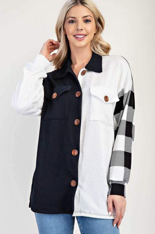 Celeste Full Size Plaid Contrast Button Up Shacket - Hovatok