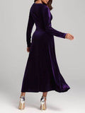 V-Neck Long Sleeve Velvet Dress - Hovatok