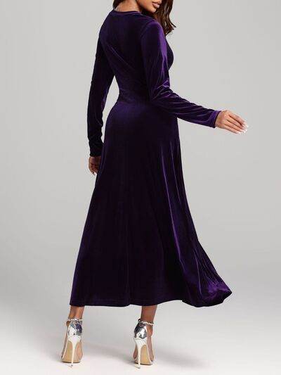 V-Neck Long Sleeve Velvet Dress - Hovatok