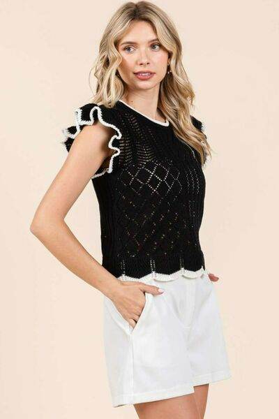 Mittoshop Openwork Contrast Trim Ruffled Cap Sleeve Knit Top - Hovatok