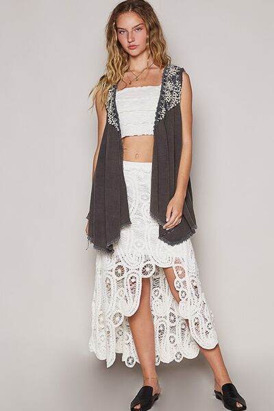 POL Embroidered Pearls Open Front Sleeveless Cardigan - Hovatok