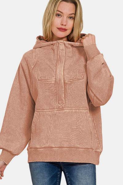 Zenana Acid Wash Fleece Kangaroo Hoodie - Hovatok