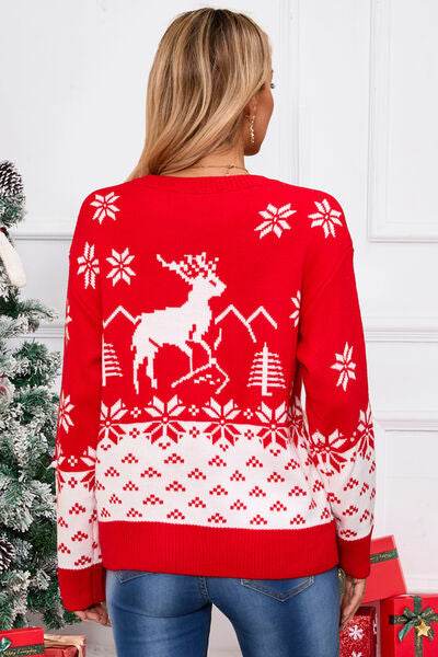 Angel Wings Deer Pattern Round Neck Long Sleeve Sweater - Hovatok