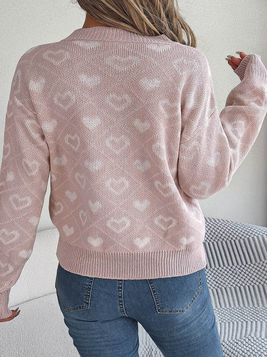 Heart Pattern V-Neck Long Sleeve Sweater - Hovatok