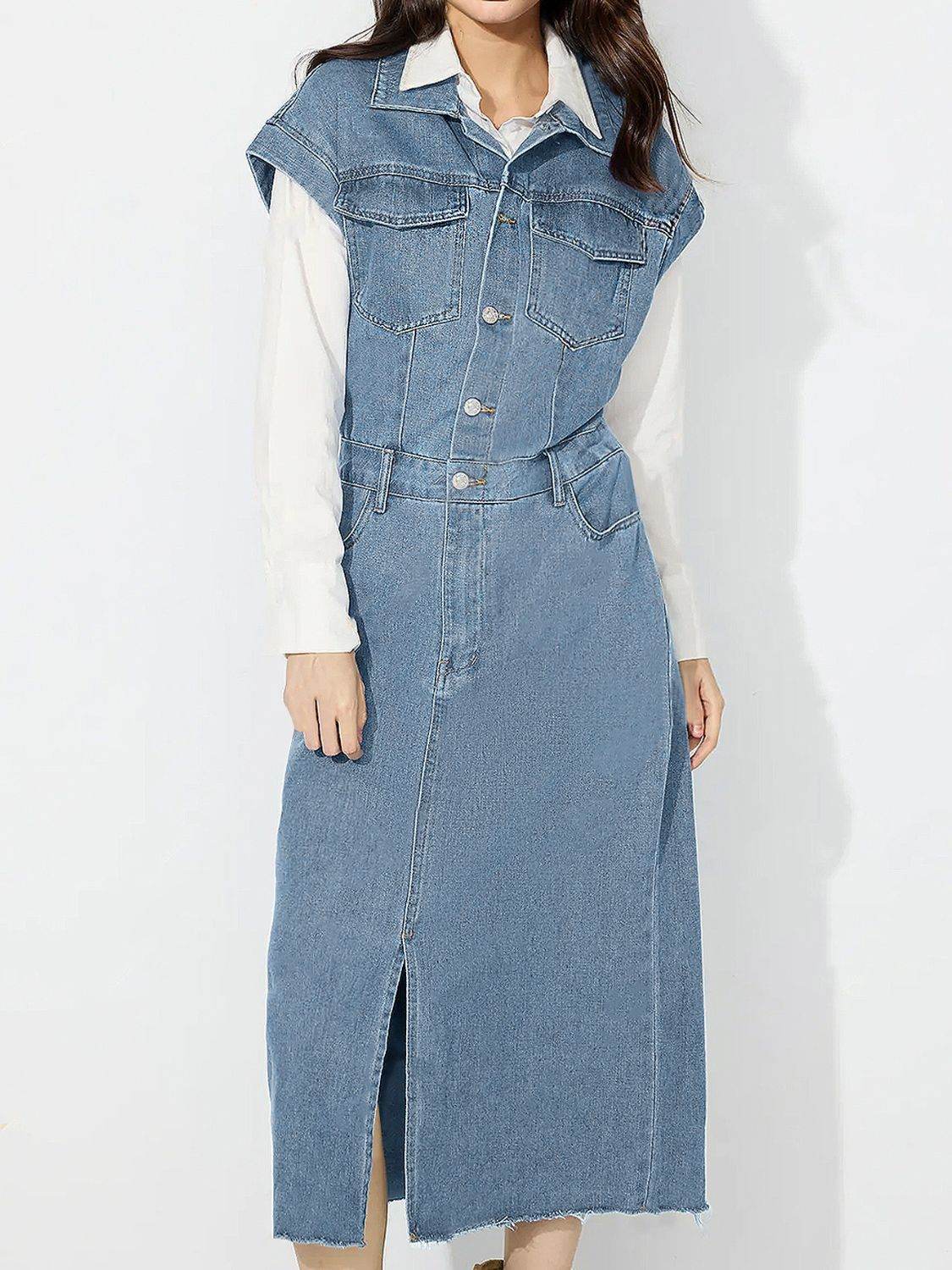 Slit Half Button Collared Neck Cap Sleeve Denim Dress - Hovatok