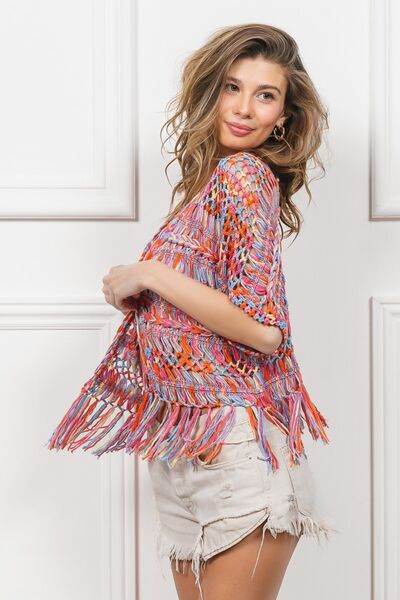 BiBi Open Front Fringed Crop Knit Cardigan - Hovatok