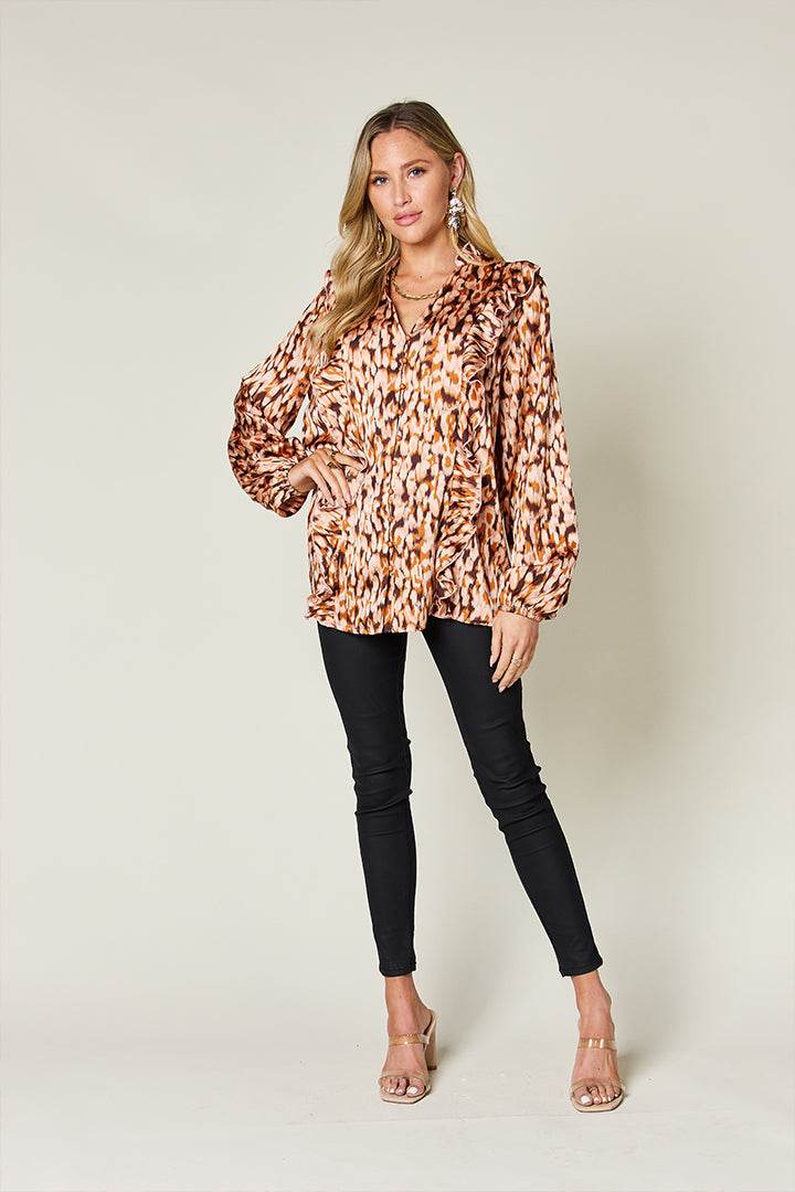 Double Take Full Size Printed Ruffle Trim Balloon Sleeve Shirt - Hovatok