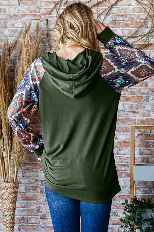 Heimish Full Size Half Button Printed Long Sleeve Hooded Top - Hovatok