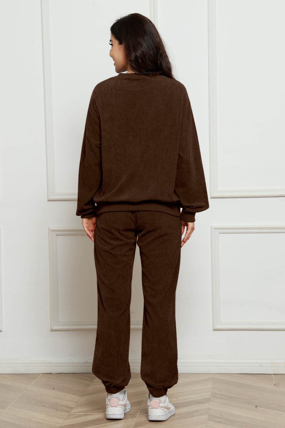 Corduroy Round Neck Sweatshirt and Sweatpants Set - Hovatok