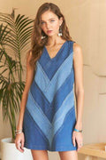 ADORA Chevron Color Block V-Neck Denim Dress - Hovatok