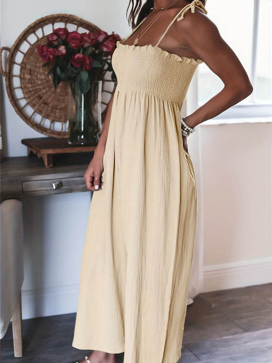 Full Size Smocked Spaghetti Strap Wide Leg Jumpsuit - Hovatok