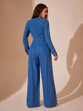 Plunge Long Sleeve Wide Leg Denim Jumpsuit - Hovatok