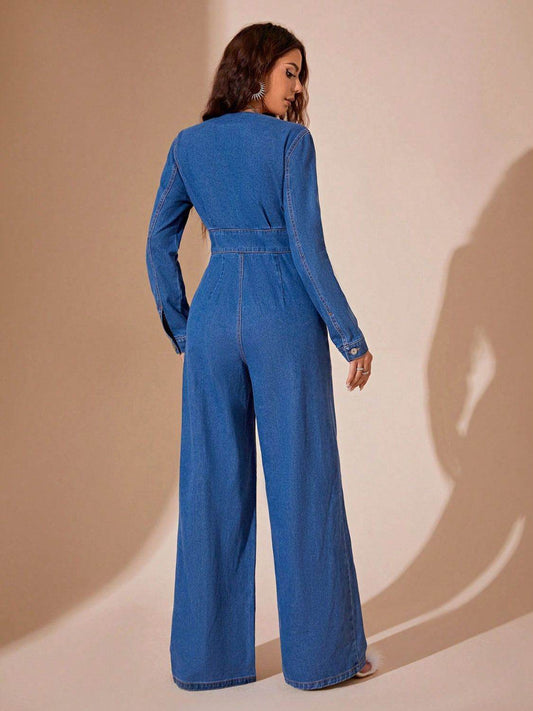 Plunge Long Sleeve Wide Leg Denim Jumpsuit - Hovatok