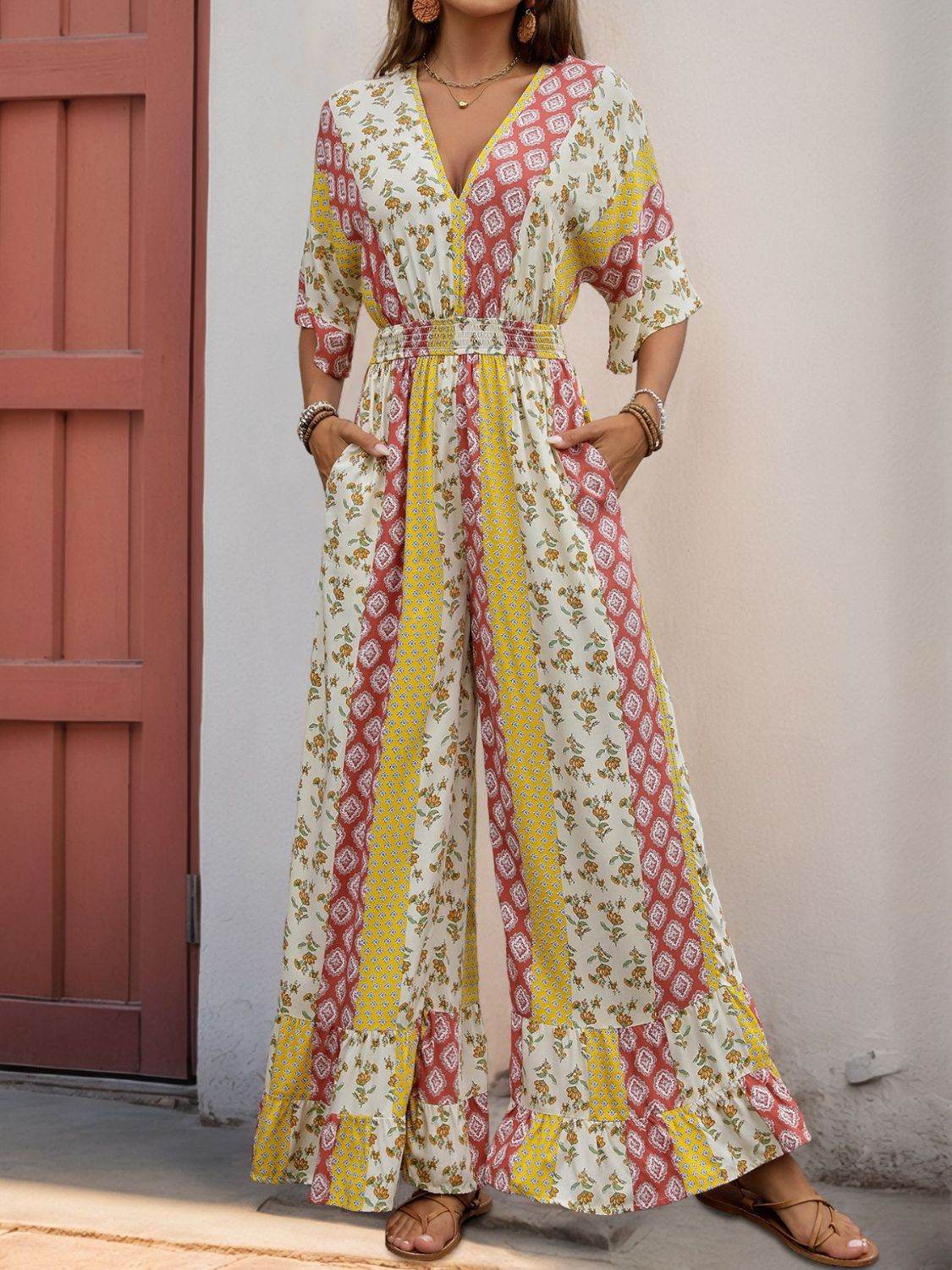 Perfee Ruffled Hem Printed V-Neck Jumpsuit - Hovatok