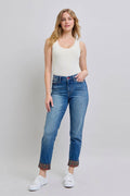 Judy Blue Full Size Plaid Print Cuff Straight Leg Jeans with Pockets - Hovatok