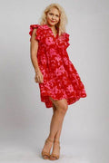 Umgee Full Size Floral Print Ruffle Cap Sleeve Tiered Dress Plus Size - Hovatok